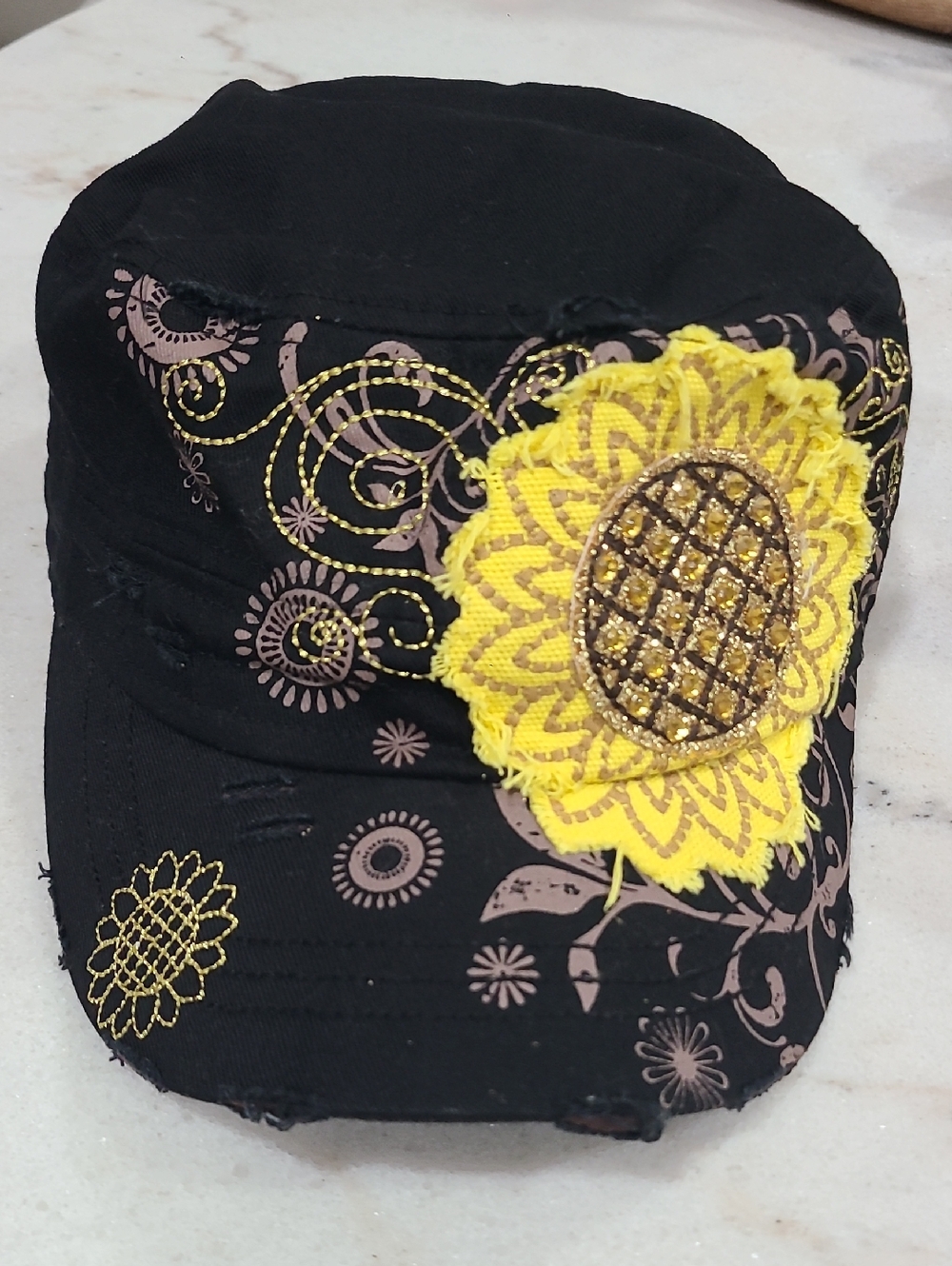 Black Women's Military-Style Cap with Yellow Sunflower Accent